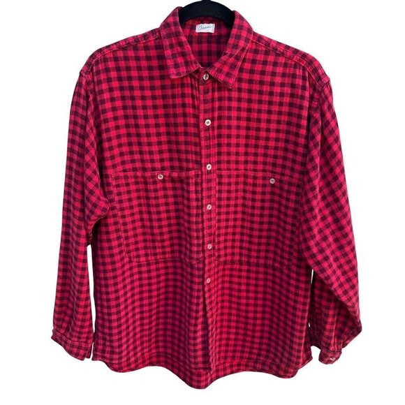 Cream Vintage Womens Red Buffalo Plaid Button Flannel Grunge Long Sleeve Shirt - Picture 1 of 10